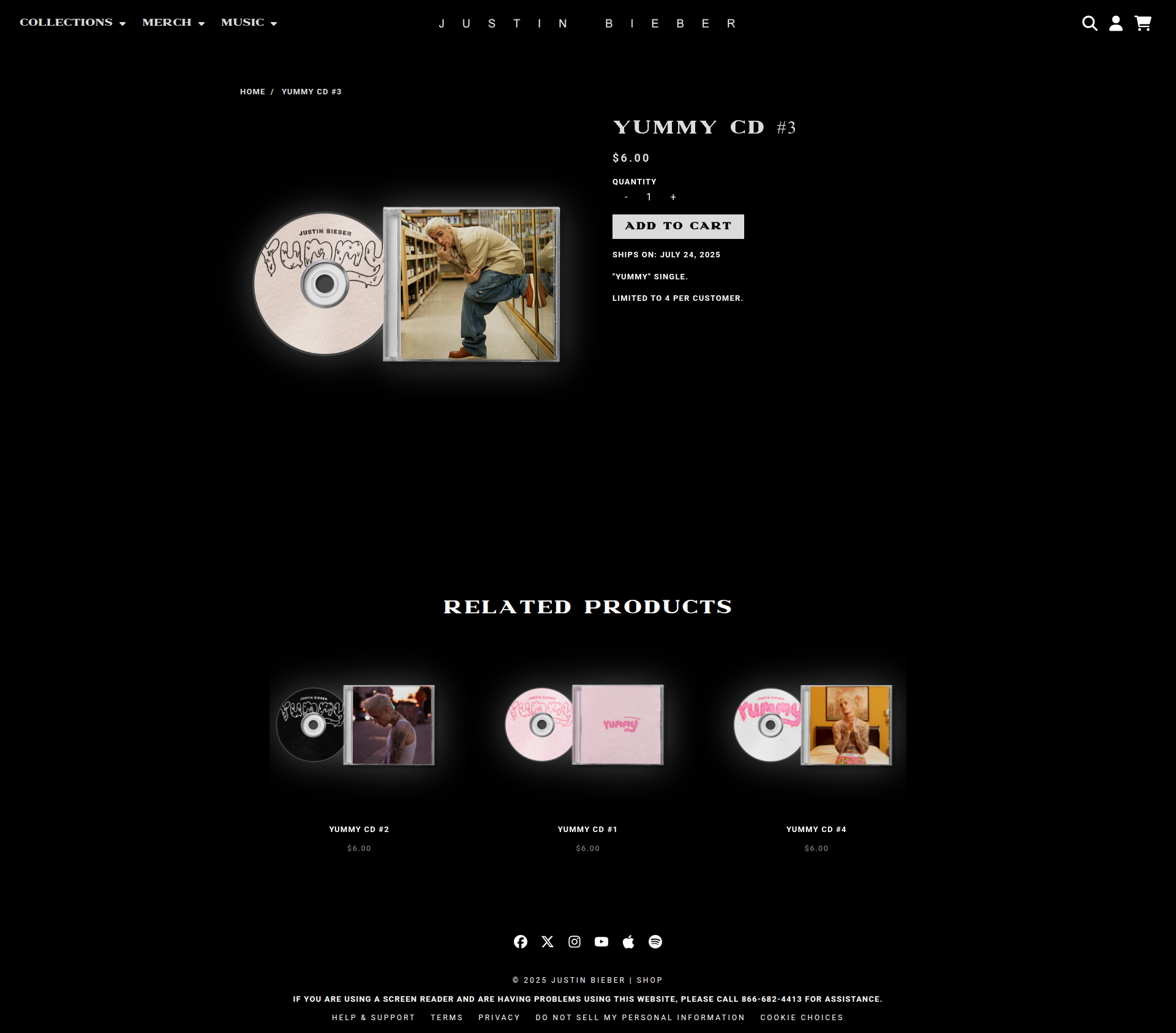 Justin Bieber - This is a product details page for 'YUMMY CD #3' by Justin Bieber, featuring product images on the left, product information and purchase options on the right, and a related products section below.