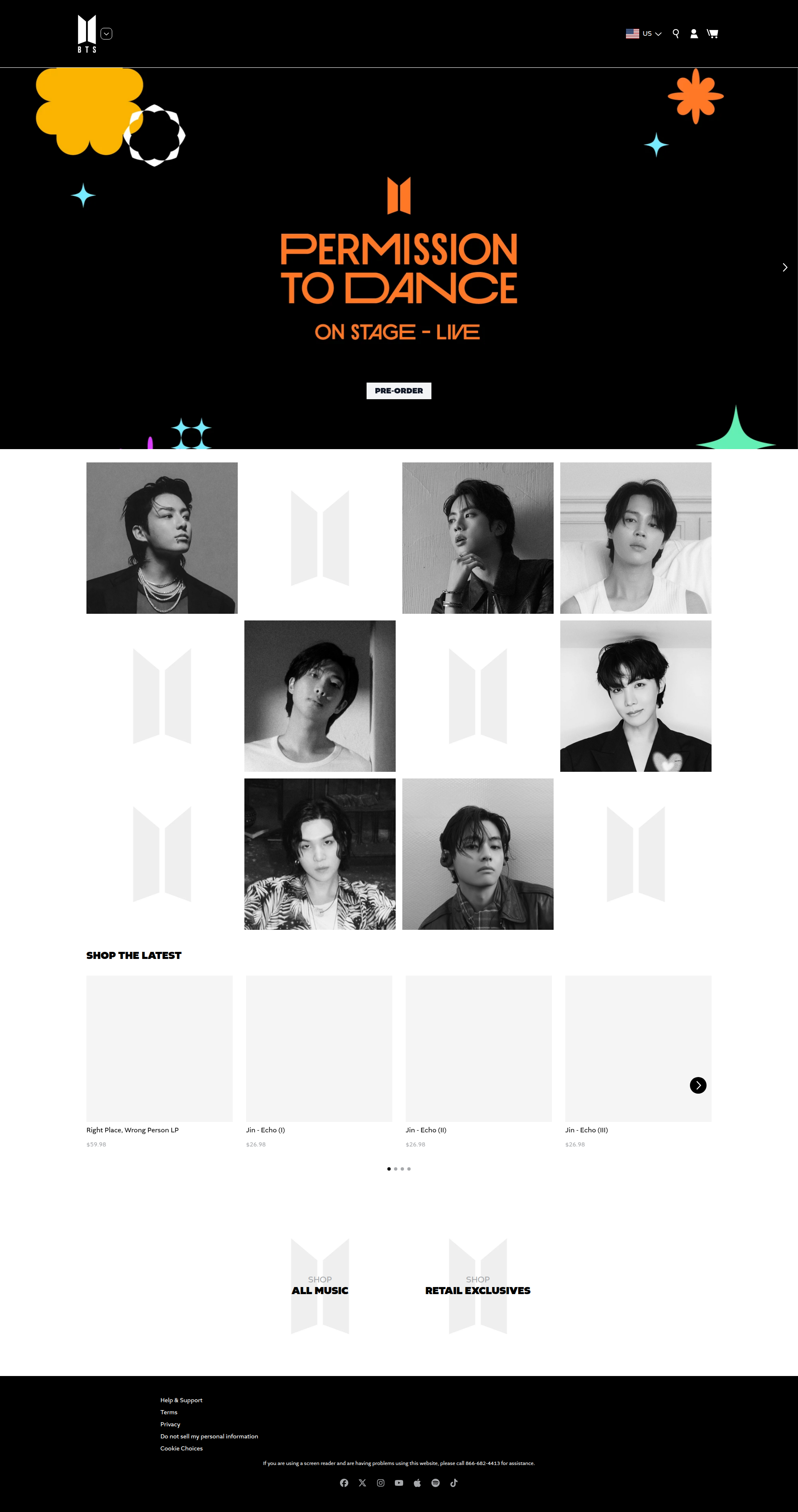 BTS - This is BTS's official merchandise homepage featuring a dark theme with the main hero section promoting 'Permission to Dance On Stage - Live' with a pre-order button, followed by individual member portrait photos and product showcase sections below.