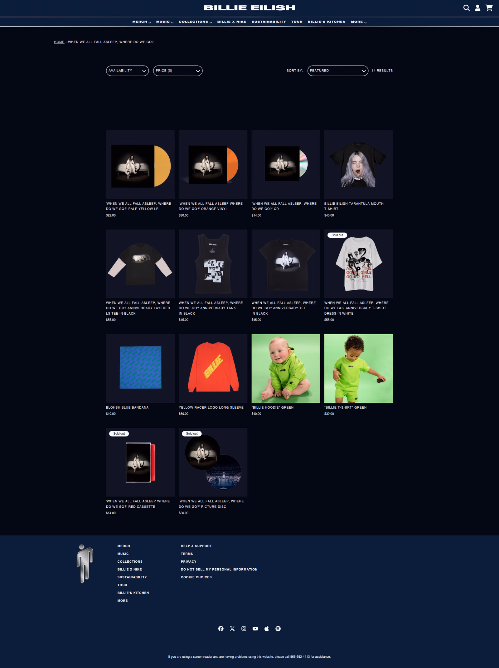 Billie Eilish - This is a product listing page for Billie Eilish merchandise showing a grid layout of various products including vinyl records, CDs, t-shirts, and other merchandise items from the 'When We All Fall Asleep, Where Do We Go?' collection with filtering and sorting options at the top.