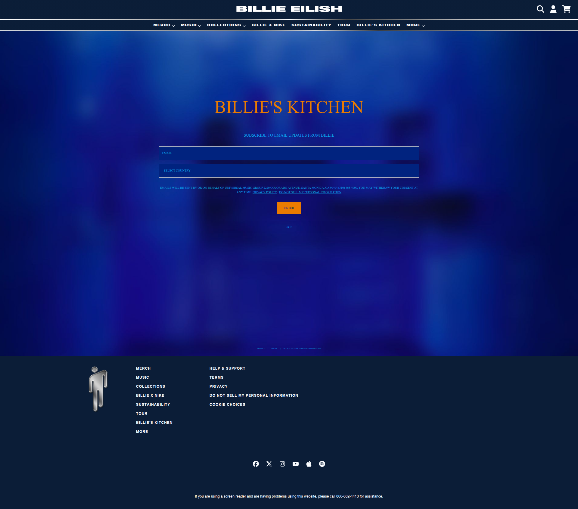 Billie Eilish - This is Billie Eilish's 'Billie's Kitchen' newsletter signup page featuring a dark blue gradient background with an email subscription form and navigation menu for her official website.