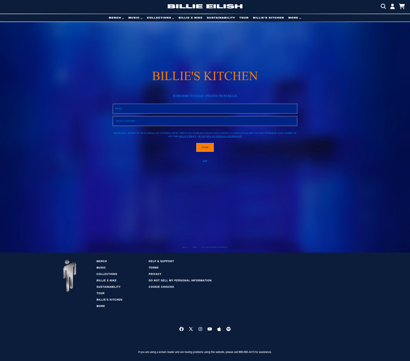 Billie Eilish - This is Billie Eilish's 'Billie's Kitchen' newsletter signup page featuring a dark blue gradient background with an email subscription form and navigation menu for her official website.