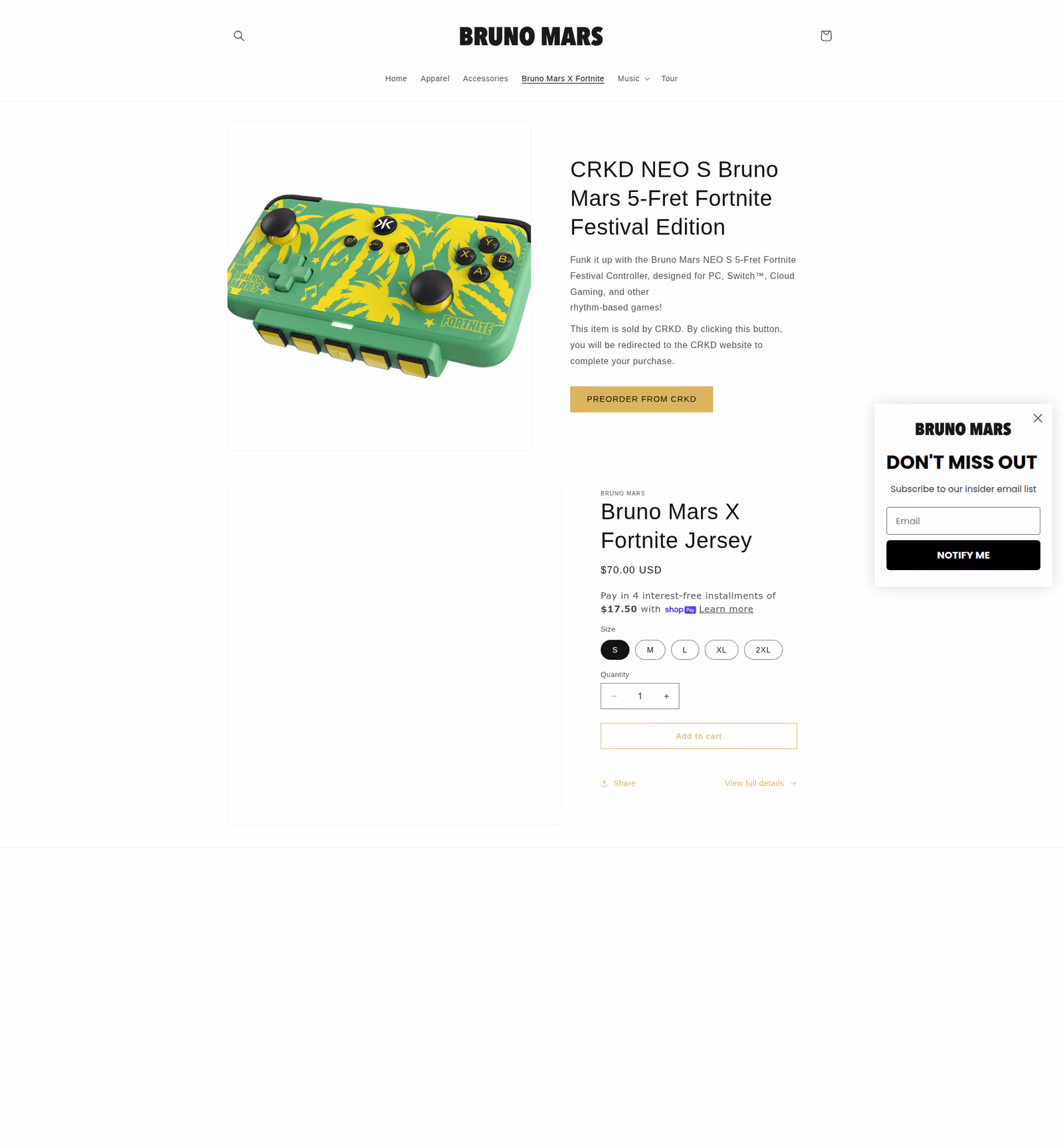 Bruno Mars - This is a Bruno Mars merchandise product details page showing two items - a CRKD NEO S Bruno Mars 5-Fret Fortnite Festival Edition gaming controller and a Bruno Mars X Fortnite Jersey, with product images, descriptions, pricing, and purchase options.