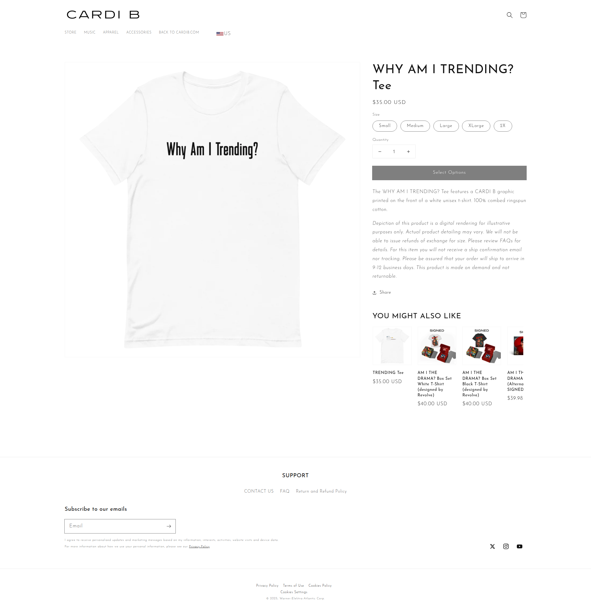 Cardi B - This is a product details page for a white t-shirt with 'Why Am I Trending?' text, featuring a large product image on the left and product information, sizing options, and related products on the right side.