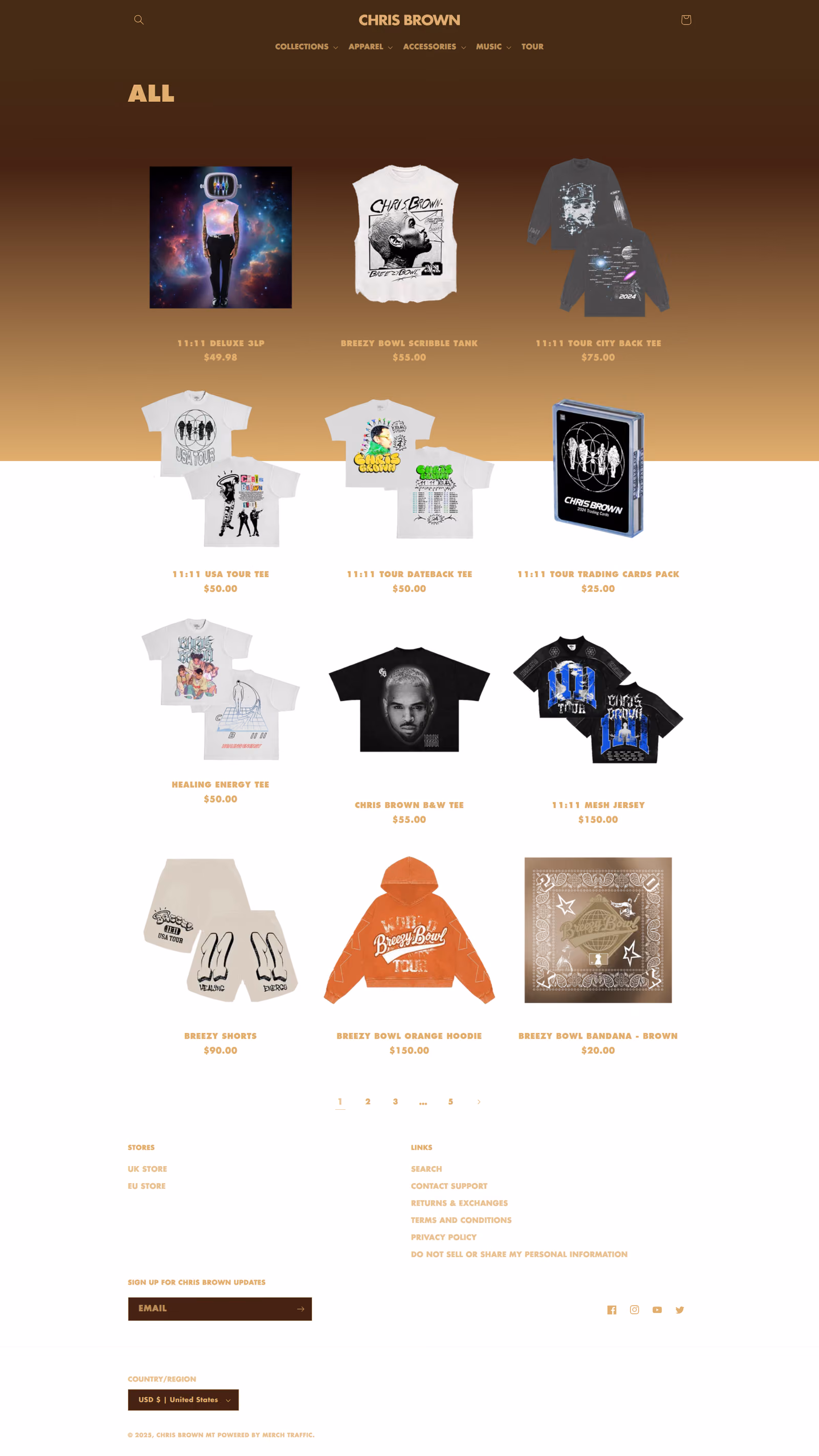 Chris Brown - This is Chris Brown's official merchandise store showing a product grid layout with various items including clothing, accessories, and collectibles, featuring a brown gradient background and organized product tiles with images and pricing.