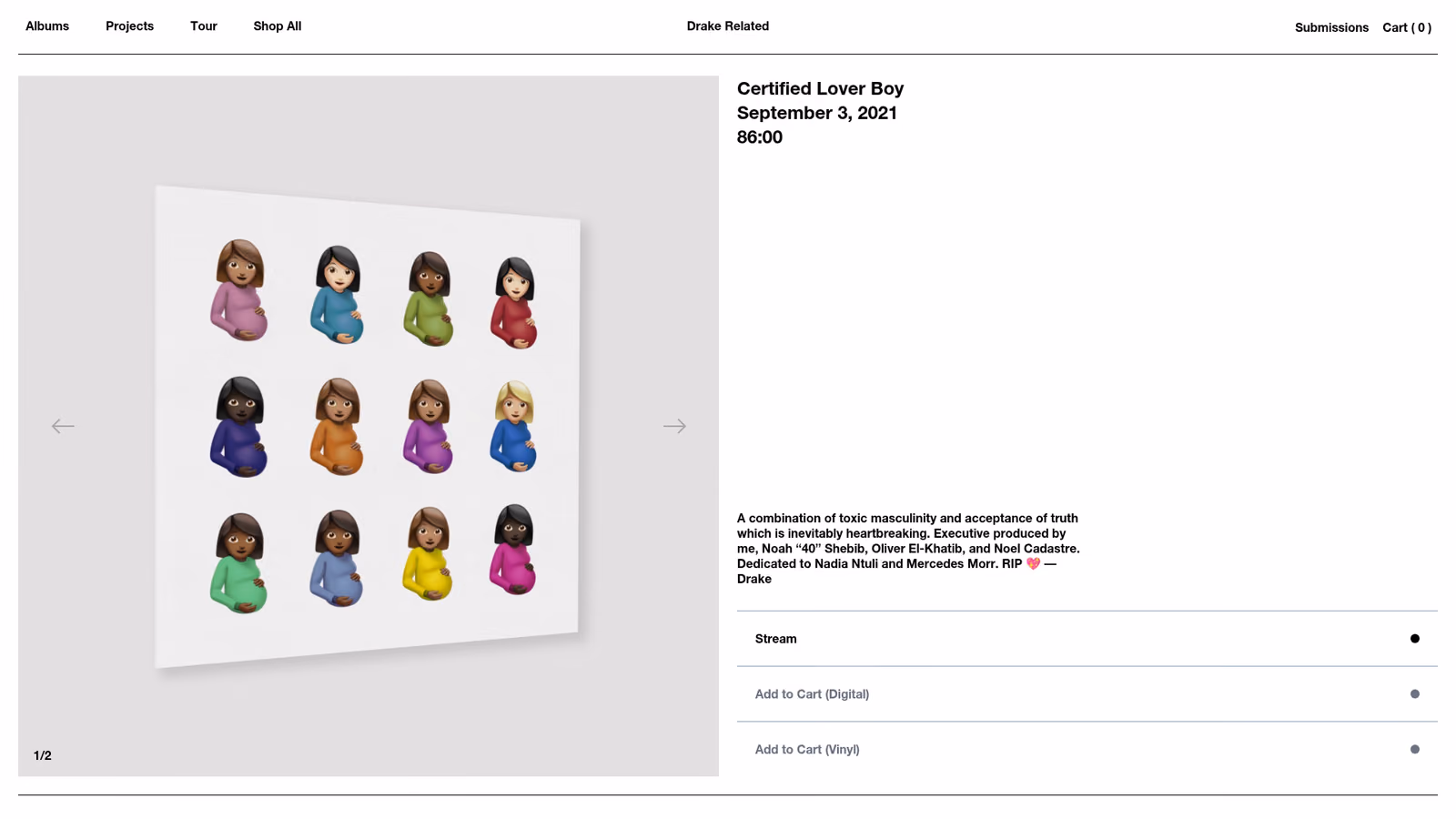 Drake - A product details page for Drake's album 'Certified Lover Boy' featuring pregnant woman emojis as the album artwork, with product information, streaming options, and purchase buttons for digital and vinyl formats.