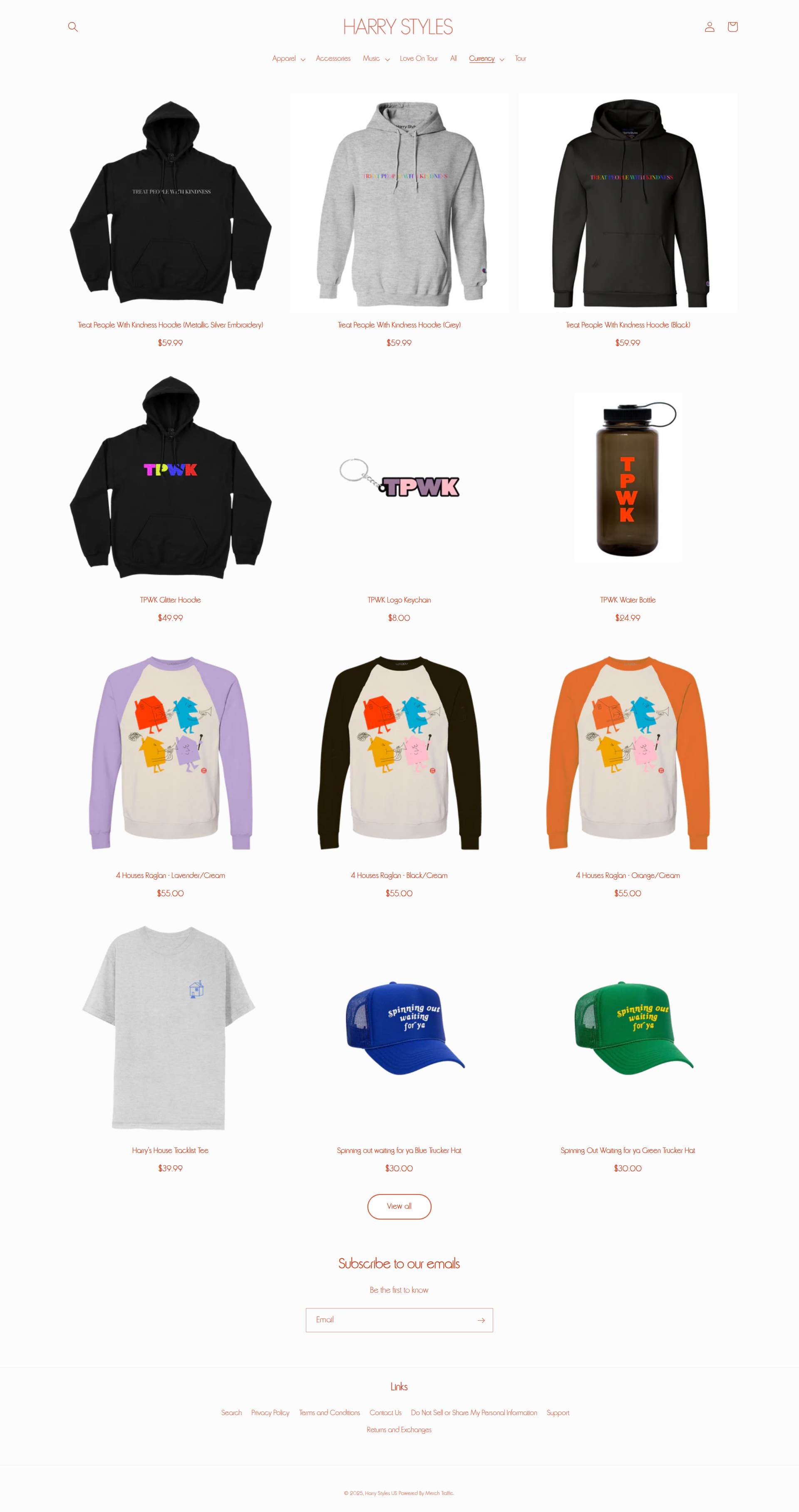 Harry Styles - This is a product listing page for Harry Styles merchandise showing a grid layout of various clothing items including hoodies, t-shirts, and accessories with product images, names, and prices displayed in a clean, organized format.