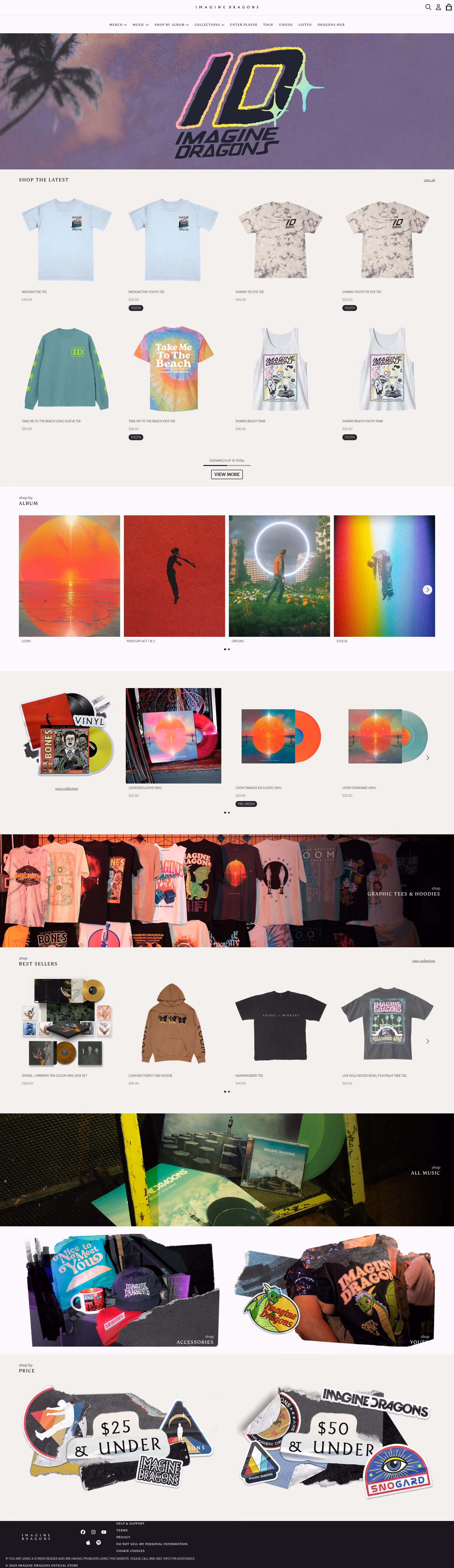 Imagine Dragons - This is the homepage for Imagine Dragons' official merchandise store, featuring a full-page layout with the band's logo, product sections showcasing apparel and vinyl records, and promotional areas for different price points.
