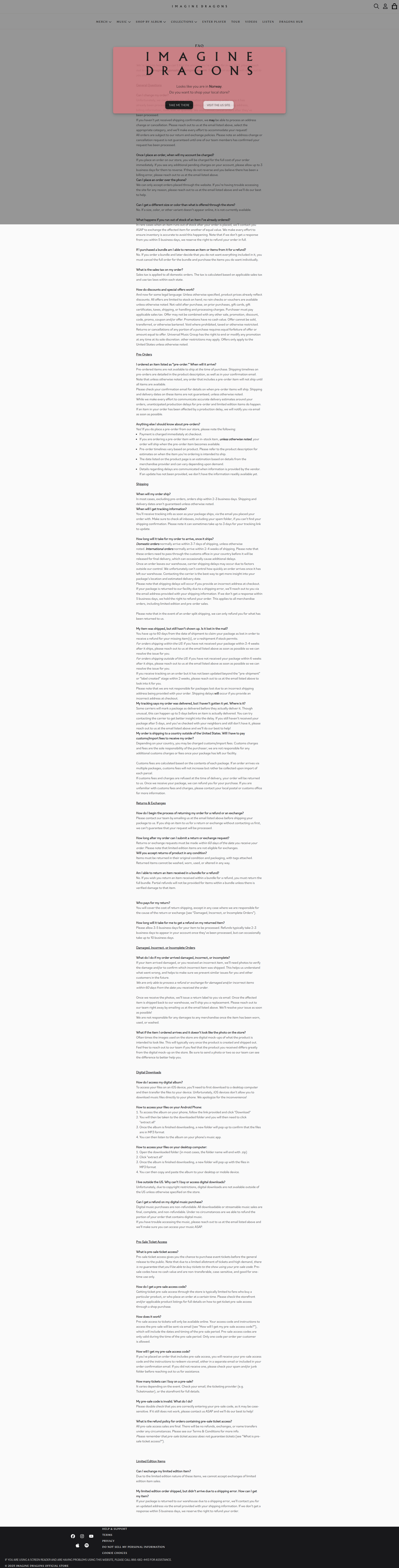 Imagine Dragons - This is an Imagine Dragons artist page featuring a prominent pink header with the band name and navigation buttons, followed by an extensive FAQ or information section with multiple text blocks covering various topics about the band.