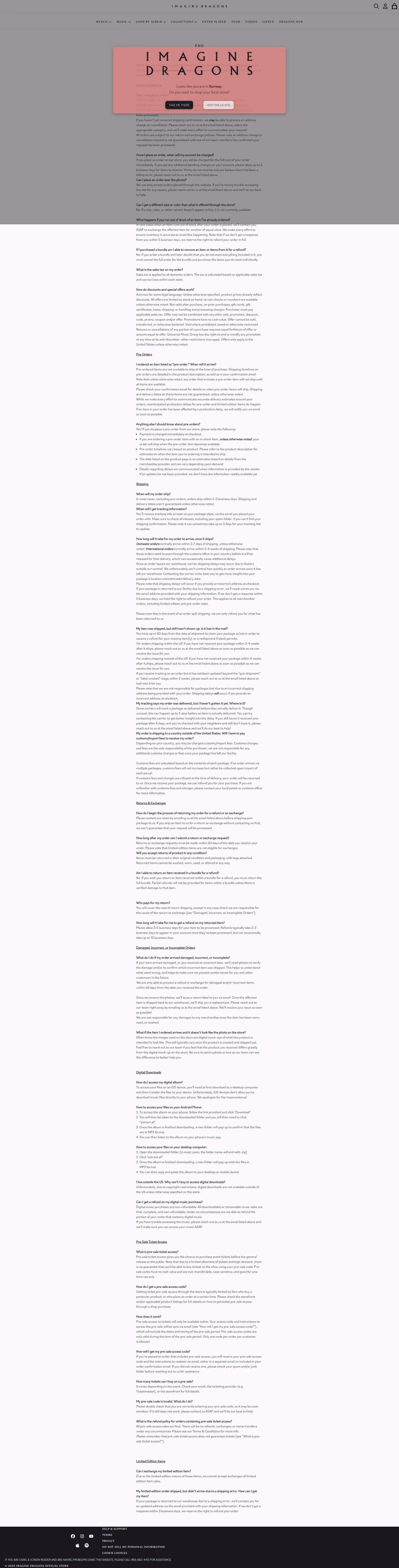 Imagine Dragons - This is an Imagine Dragons artist page featuring a prominent pink header with the band name and navigation buttons, followed by an extensive FAQ or information section with multiple text blocks covering various topics about the band.