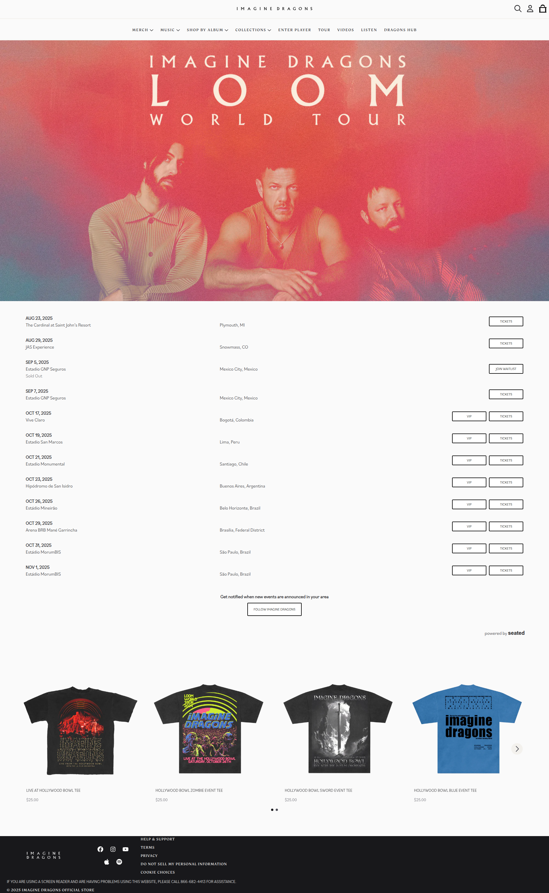 Imagine Dragons - A tour dates page showing upcoming concert information with venue locations, dates, and ticket purchasing options in a structured list format.