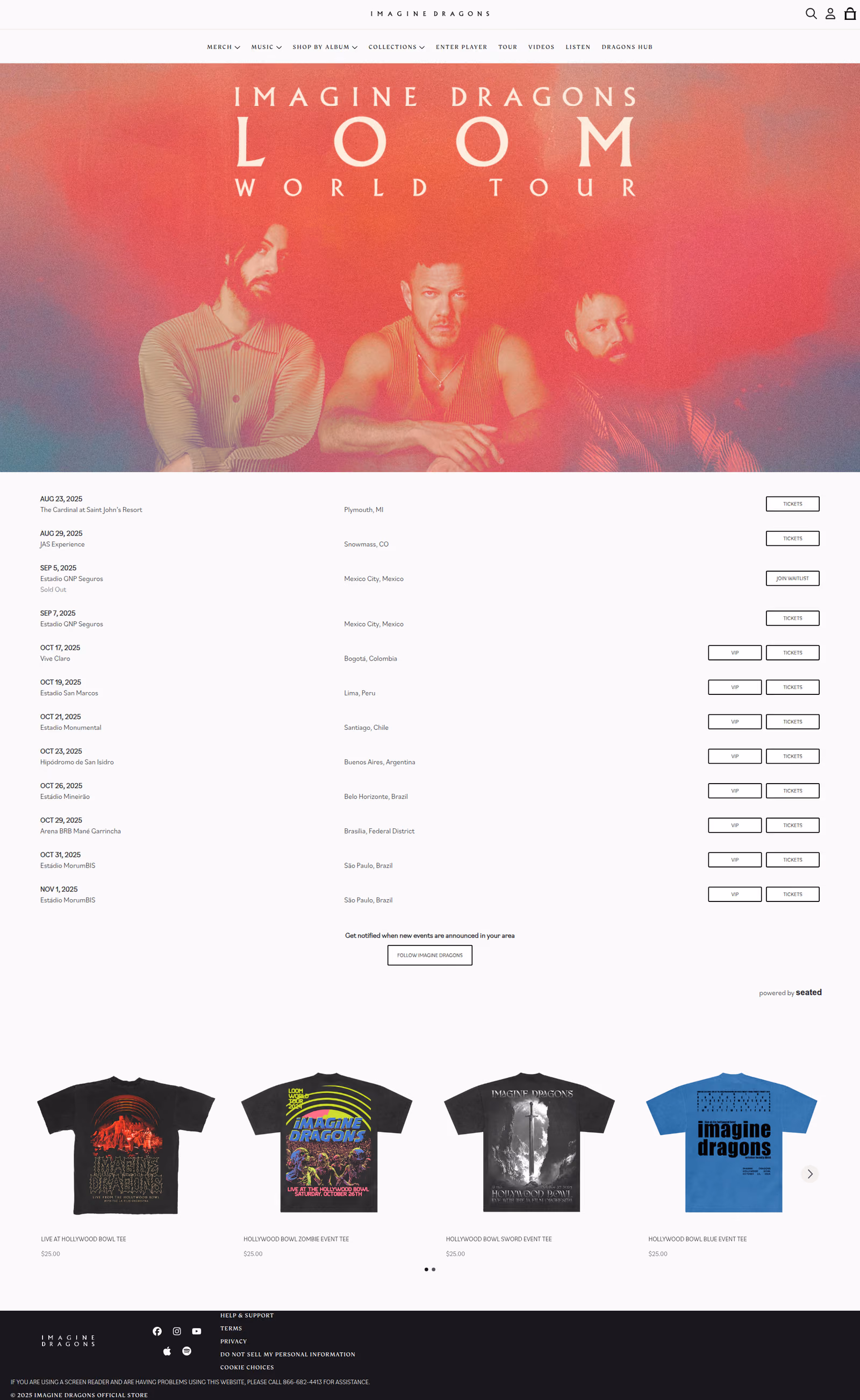 Imagine Dragons - A tour dates page showing upcoming concert information with venue locations, dates, and ticket purchasing options in a structured list format.