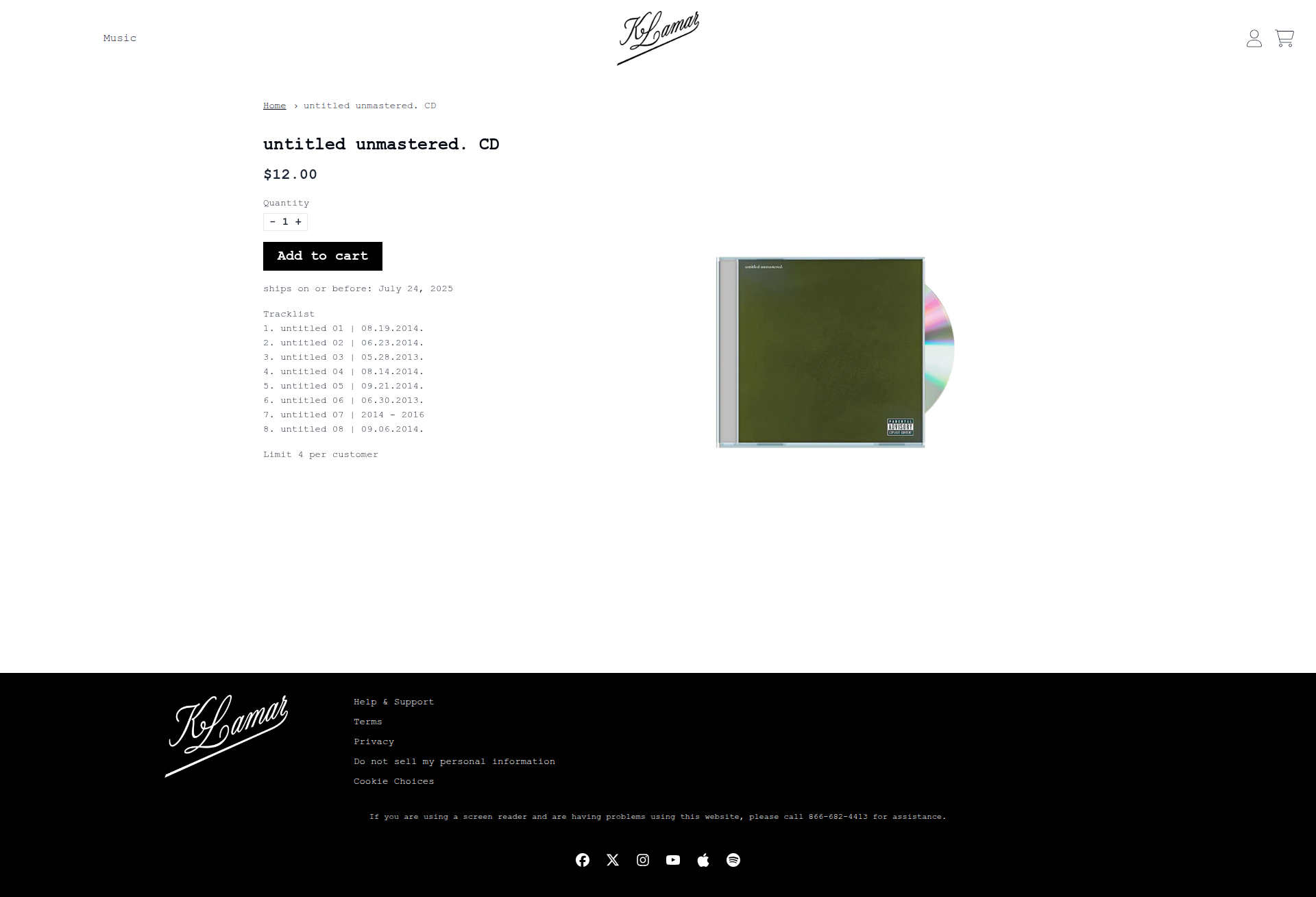 Kendrick Lamar - This is a product details page for an album called 'untitled unmastered. CD' priced at $12.00, featuring a detailed tracklist, quantity selector, and add to cart functionality with a CD cover image on the right side.