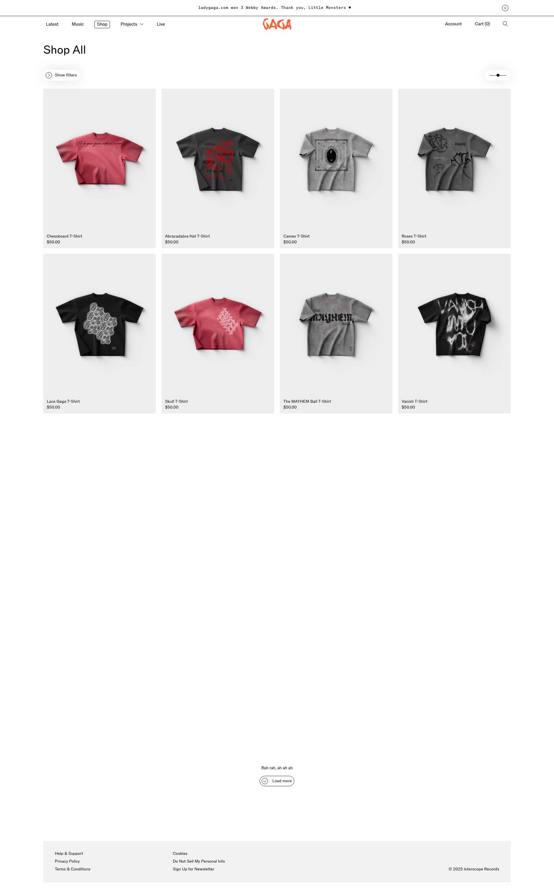 Lady Gaga - This is a product listing page showing a grid layout of 8 t-shirt products with images and pricing, featuring a clean design with filtering options and navigation menu at the top.