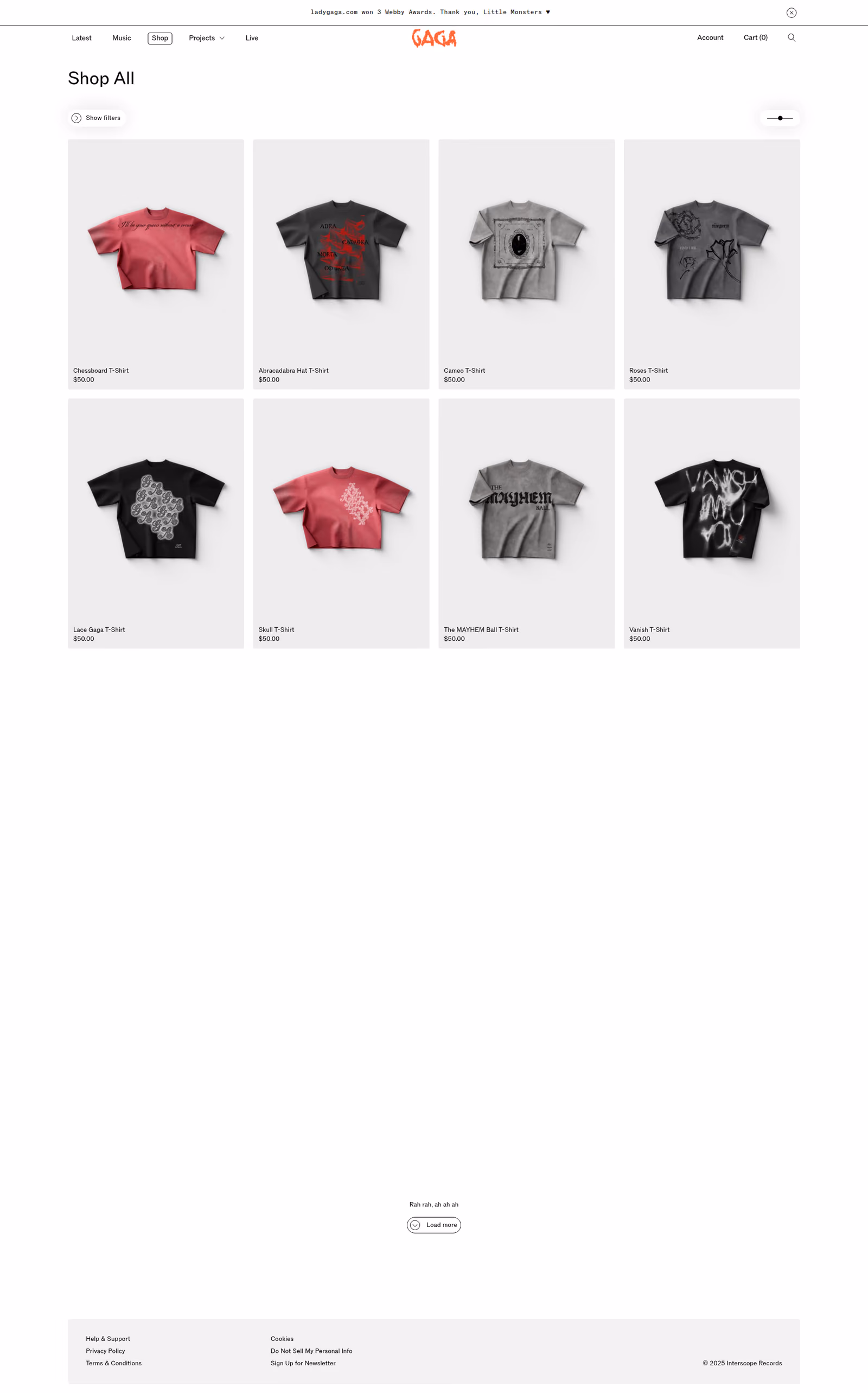 Lady Gaga - This is a product listing page showing a grid layout of 8 t-shirt products with images and pricing, featuring a clean design with filtering options and navigation menu at the top.