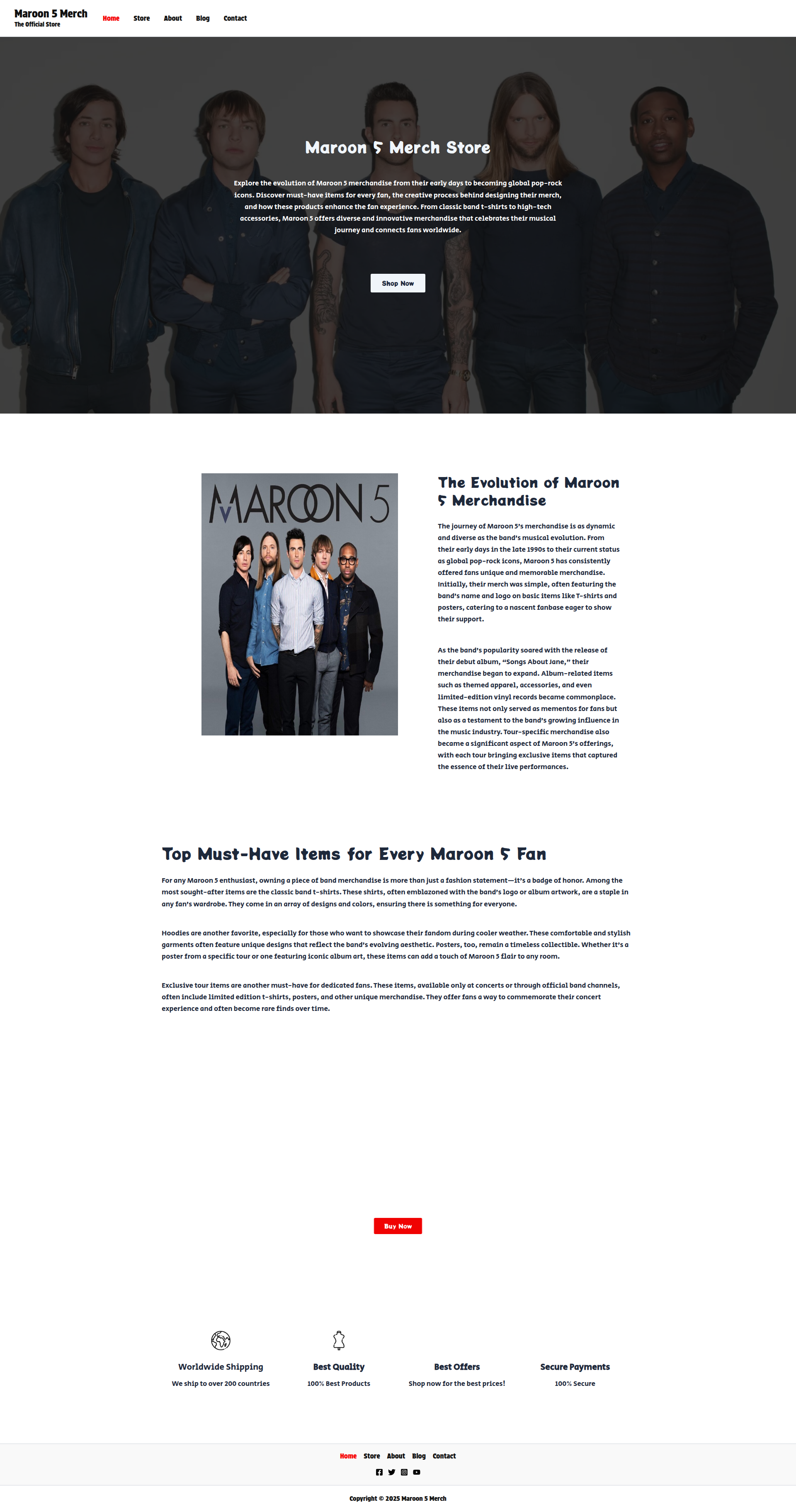 Maroon 5 - This is the homepage for a Maroon 5 merchandise store featuring a hero section with the band image, followed by sections about the evolution of their merchandise, top must-have items for fans, and footer with shipping/payment information.