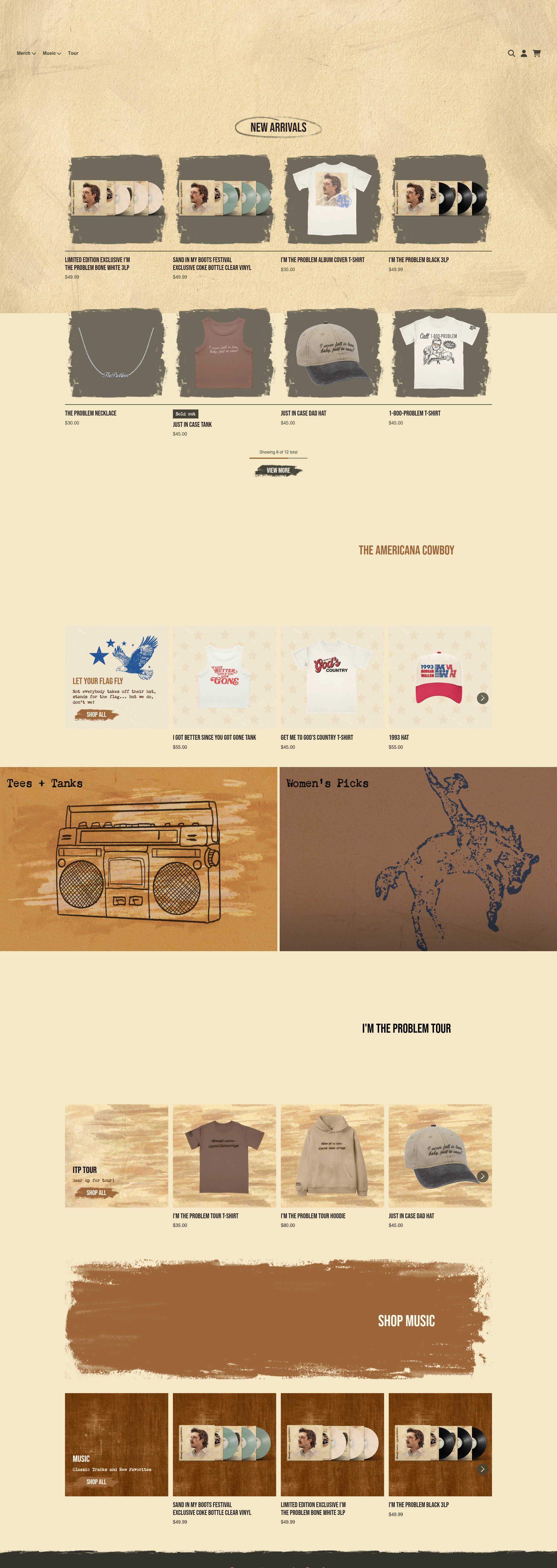 Morgan Wallen - This is a music artist's merchandise homepage featuring a vintage/western aesthetic with multiple product sections including new arrivals, tour merchandise, and music albums, organized in a grid layout with product images and pricing.