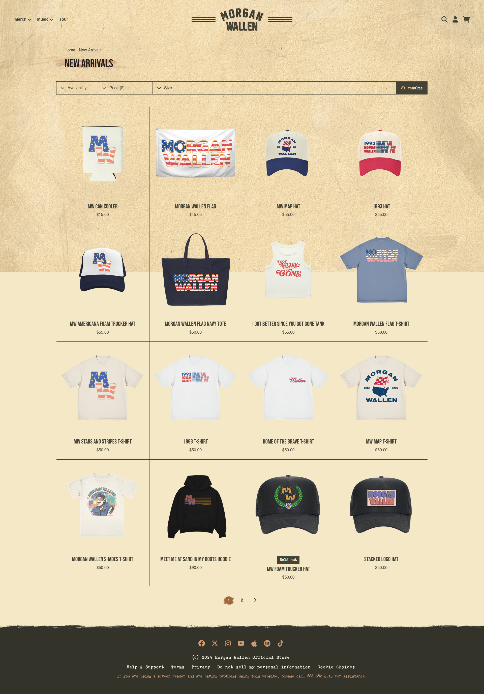 Morgan Wallen - A product listing page for Morgan Wallen merchandise showing a grid layout of 16 items including hats, t-shirts, hoodies, and accessories with product images, names, and prices. The page features filtering options at the top and pagination at the bottom.
