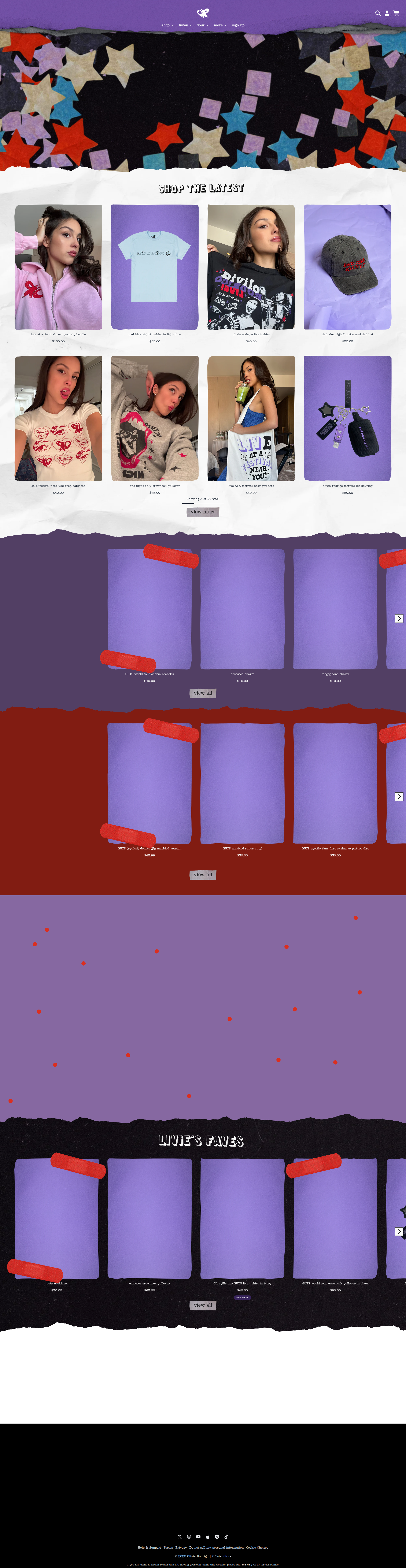 Olivia Rodrigo - A vibrant e-commerce homepage with a colorful star-patterned header, featuring a product grid showcasing apparel items like t-shirts and hoodies, followed by sections displaying what appears to be lyric pages or digital content cards arranged in rows.