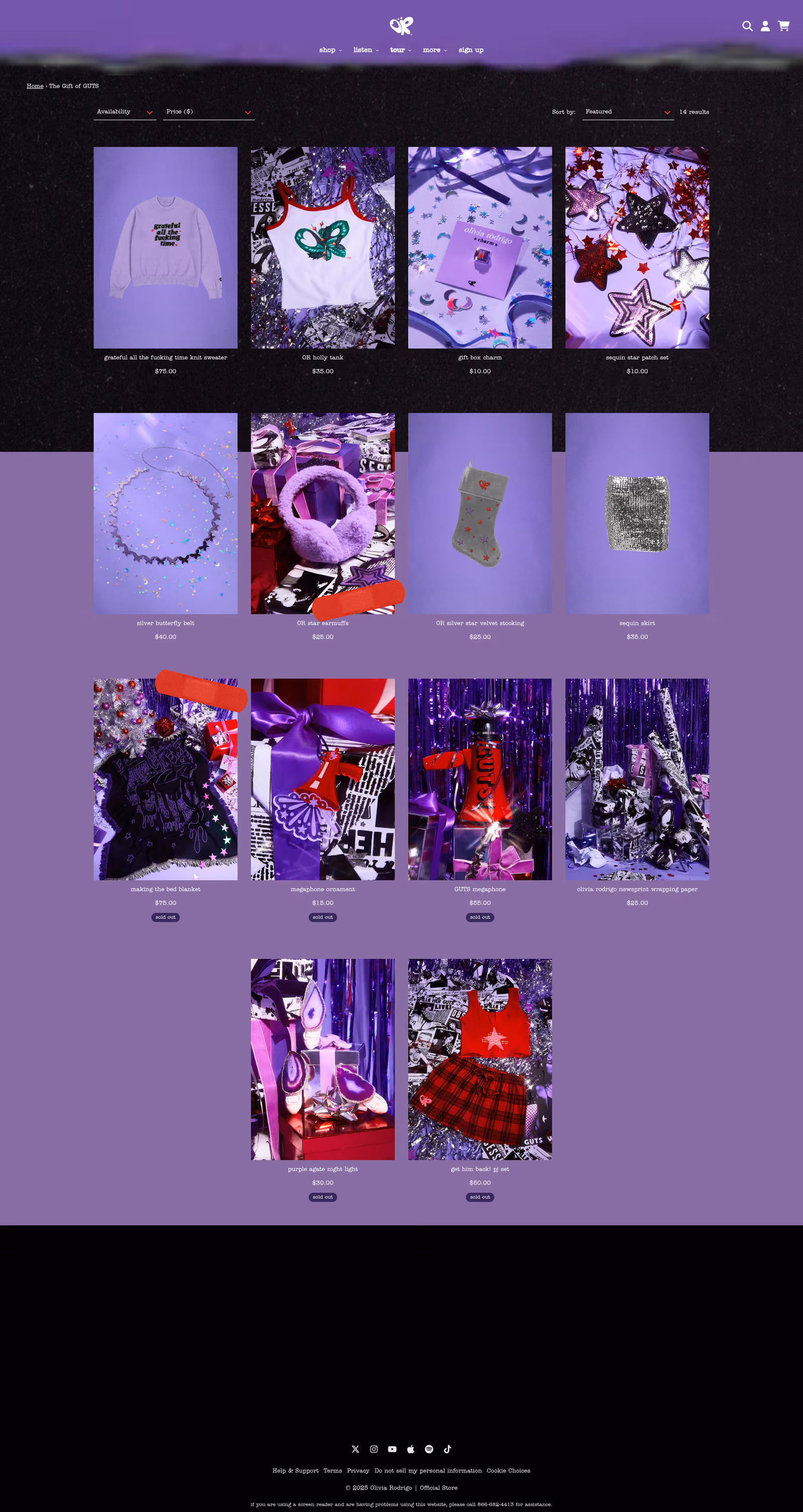 Olivia Rodrigo - An alternative fashion e-commerce product listing page displaying a grid of gothic/alternative style products including clothing, accessories, and decorative items with prices ranging from $10-$95. The page features a dark purple gradient background with product filtering options and organized in a 4-column grid layout.