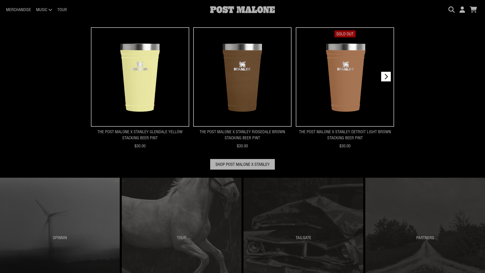 Post Malone - This is a homepage for Post Malone's official website featuring a product showcase section displaying Stanley collaboration beer pints in different colors, with navigation sections below for various site areas like Spinnin, Tour, Tailgate, and Partners.