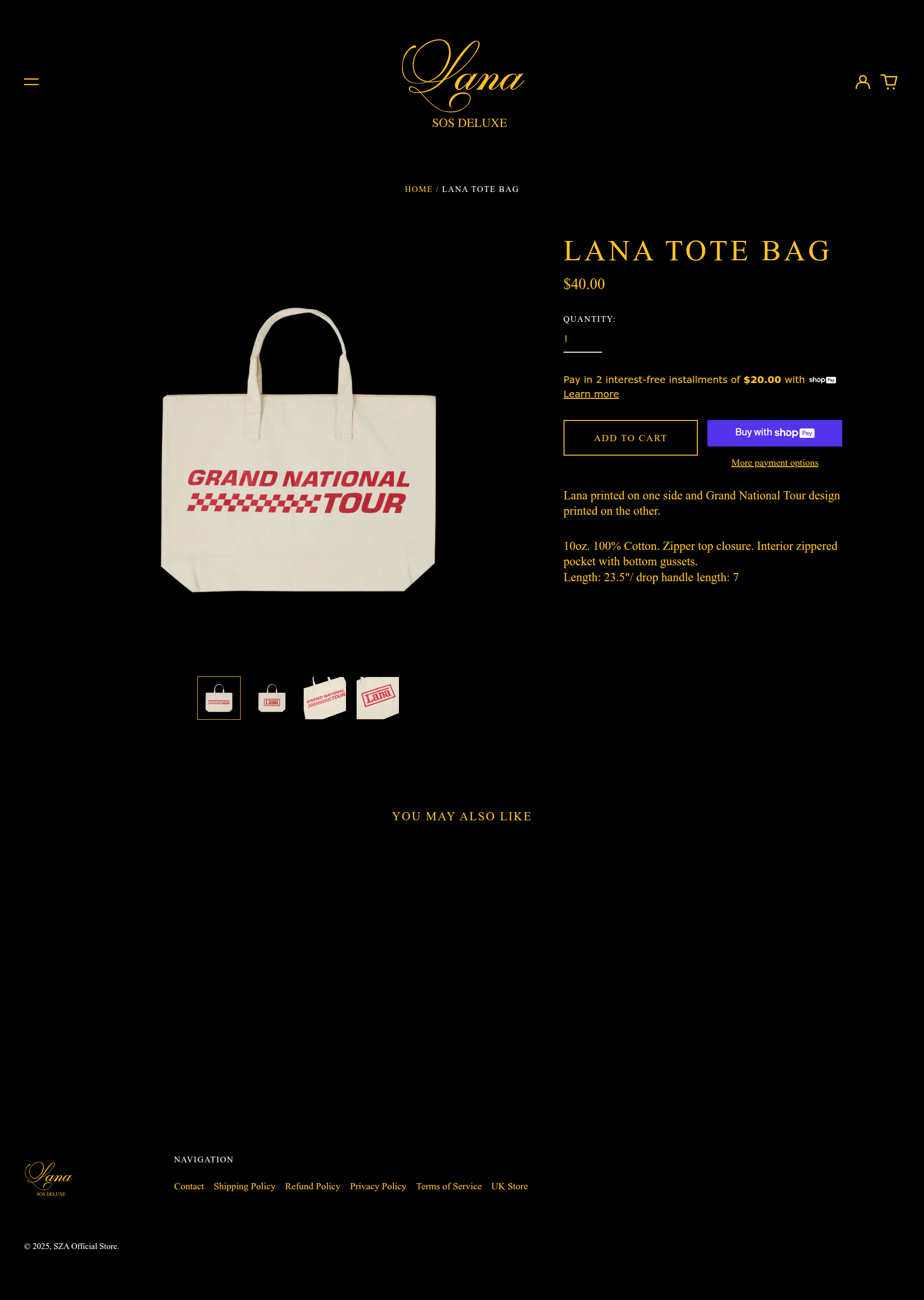 SZA - A product details page for a Lana Tote Bag featuring a cream-colored canvas tote with red 'Grand National Tour' text, displayed against a black background with product information, pricing, and purchase options on the right side.