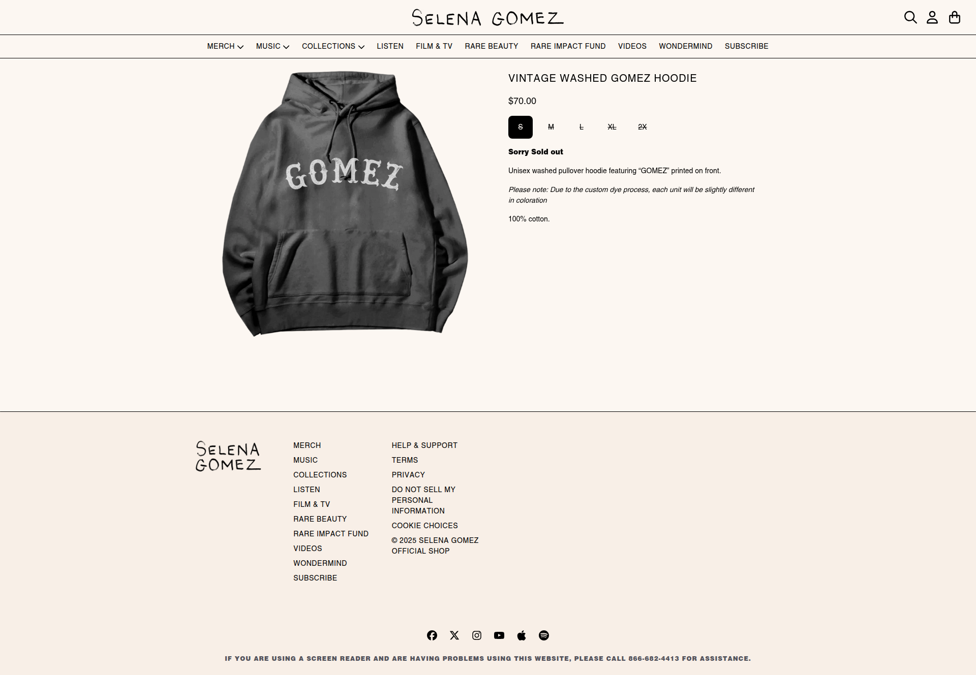 Selena Gomez - This is a product details page for Selena Gomez's merchandise showing a vintage washed hoodie with 'GOMEZ' text, featuring product information, sizing options, and a complete footer with navigation links and social media icons.
