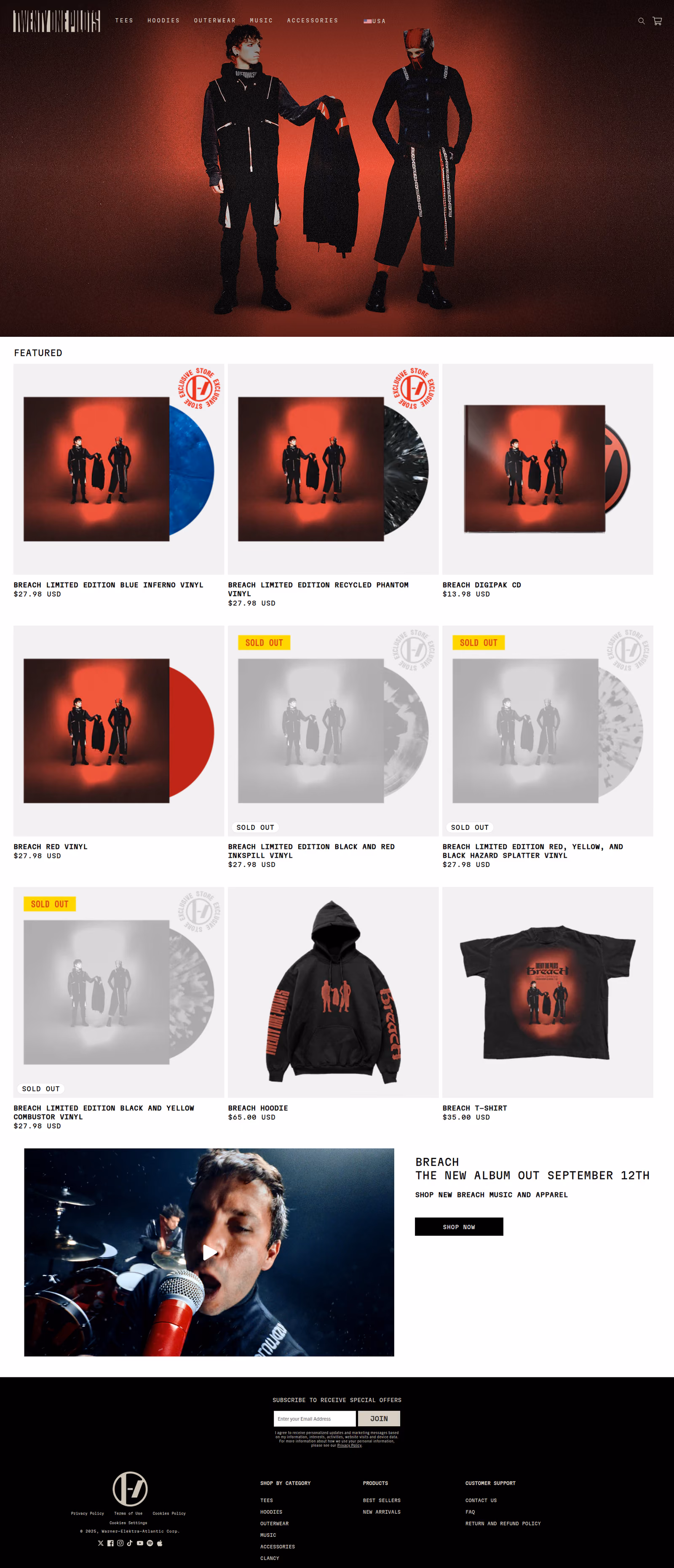 Twenty One Pilots - This is a music merchandise homepage featuring a dark theme with a prominent hero section showing two figures in black clothing against a red backdrop, followed by a product grid displaying various vinyl records, apparel, and merchandise items with pricing and availability status.