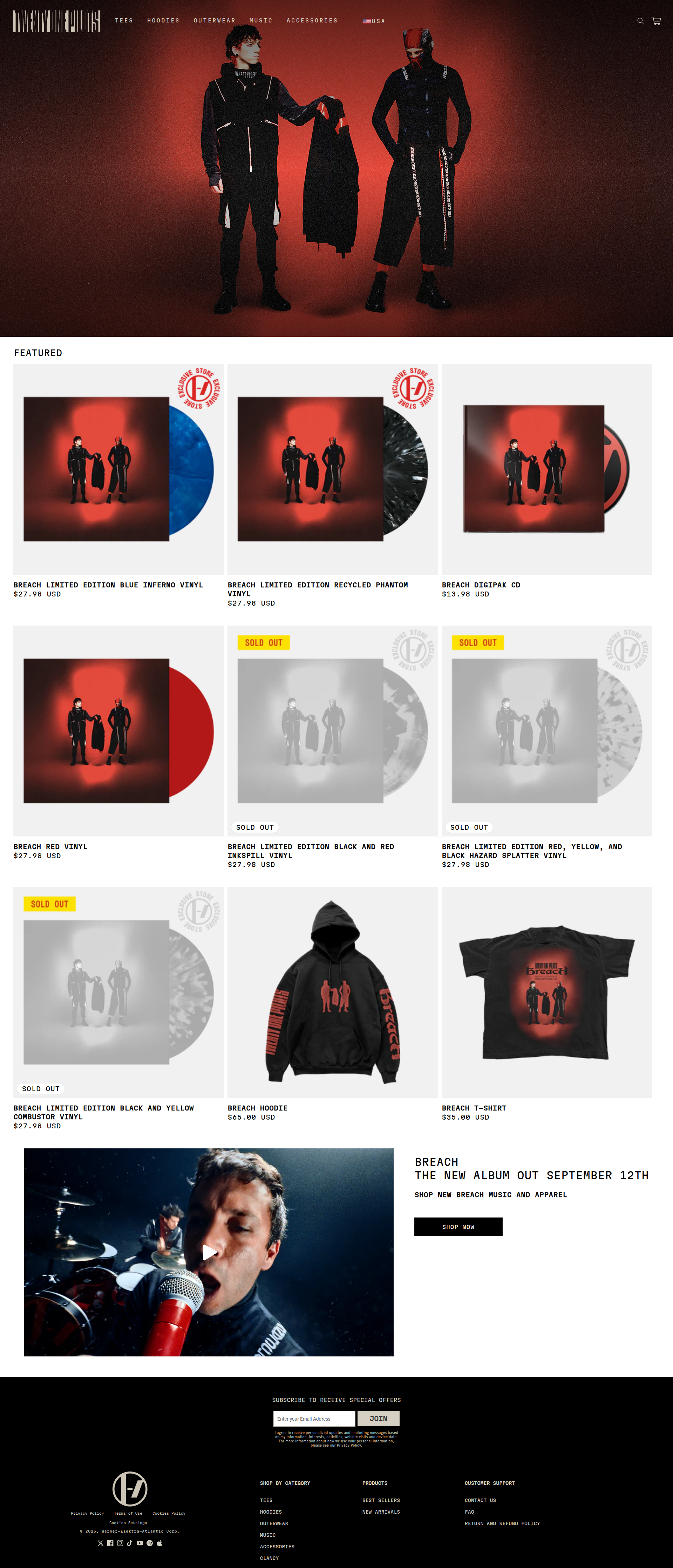 Twenty One Pilots - This is a music merchandise homepage featuring a dark theme with a prominent hero section showing two figures in black clothing against a red backdrop, followed by a product grid displaying various vinyl records, apparel, and merchandise items with pricing and availability status.